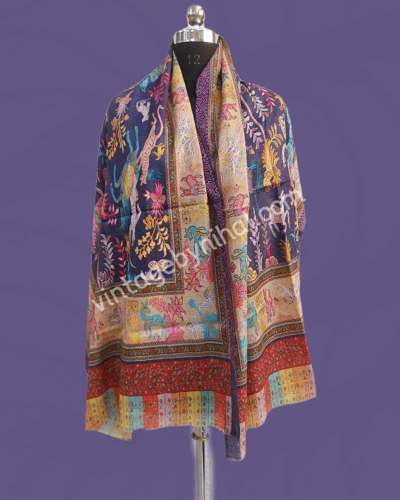 Exclusive Pure Pashmina Kalamkari Embroidered Hand Painted Hunting Scene Shawl 